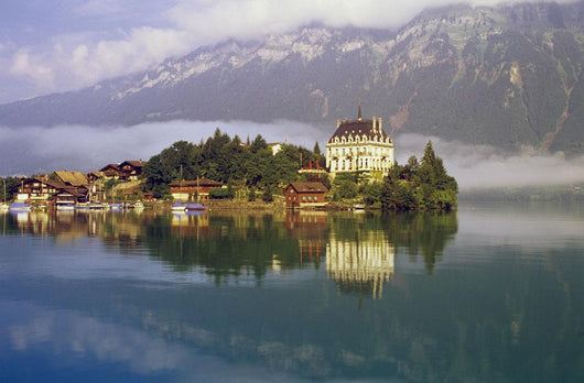Scenic Mountain Lake And Town Wall Mural