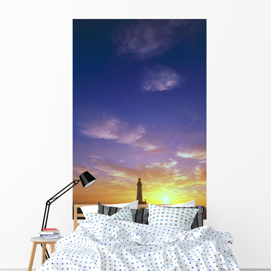 Sunset Behind Yaquina Head Lighthouse, Yaquina Bay Wall Mural