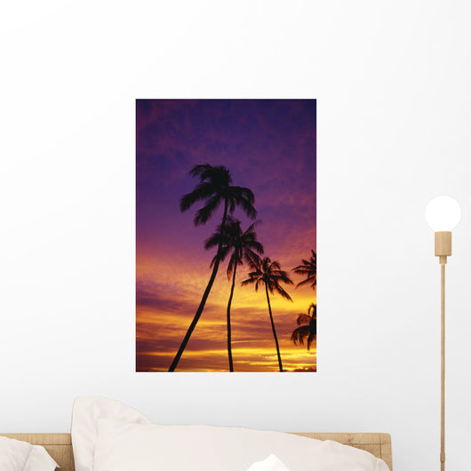Palm Tree Silhouettes, Sunset, Waikiki Beach, Hawaii, Usa Wall Mural
