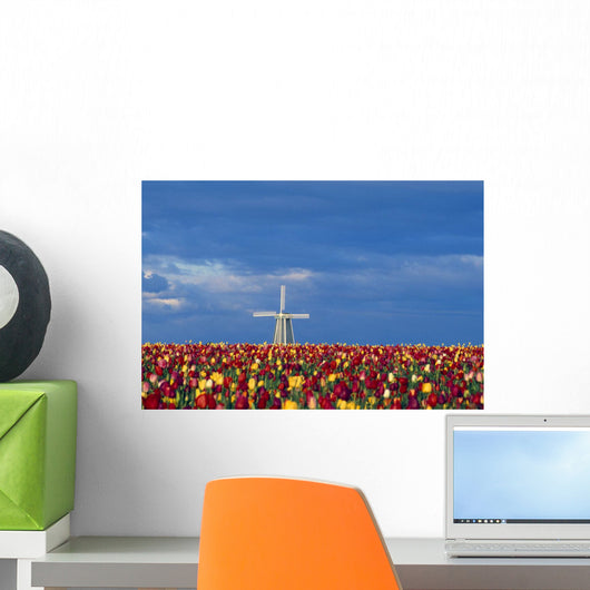 Field Of Tulips With Windmill Wall Mural