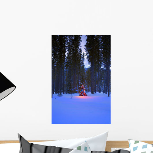 Illuminated Christmas Tree In The Woods Wall Mural