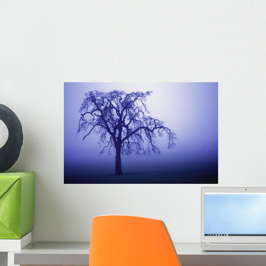 Tree Silhouette In Blue Fog Wall Mural