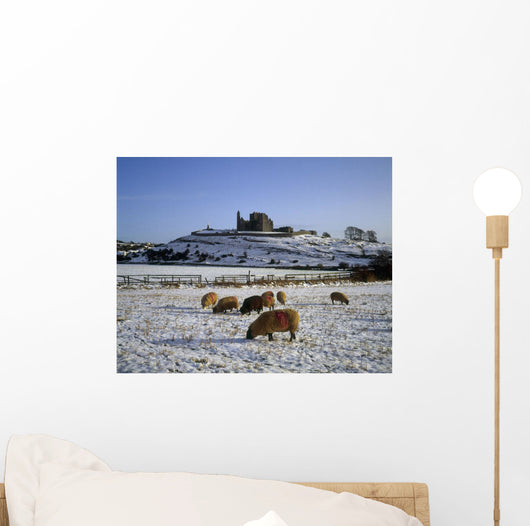 Sheep On A Snow Covered Landscape In Front Of A Castle Wall Mural