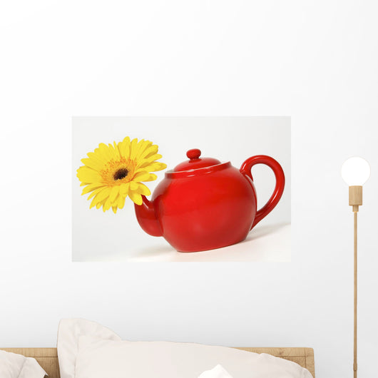 Yellow Flower In A Red Teapot Wall Mural