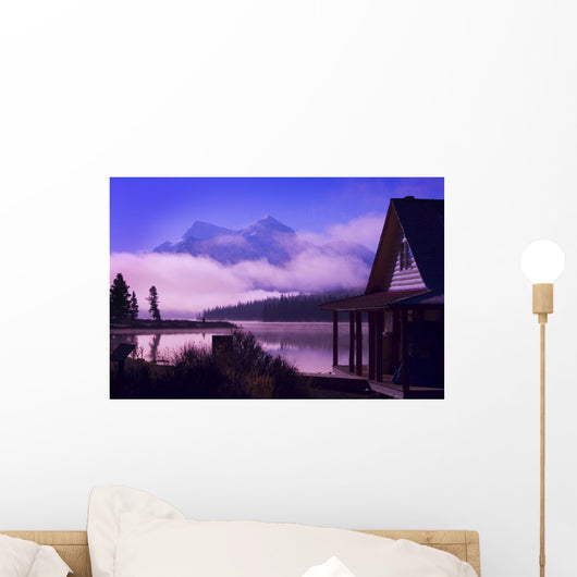 Cabin Boathouse And Foggy Sunrise Over Mountain Lake Wall Mural