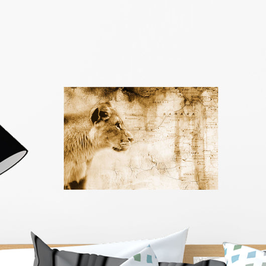 Lion In Front Of An Old Map Of Africa Wall Mural
