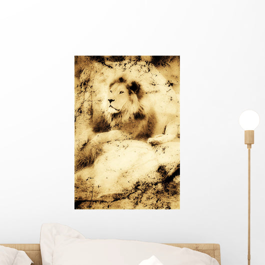Old Photograph Of A Lion On A Rock Wall Mural