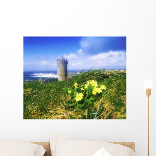 Primrose Flower In Foreground, Doonagore Castle Wall Mural