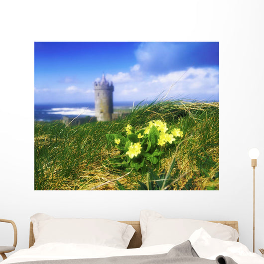 Primrose Flower In Foreground, Doonagore Castle Wall Mural