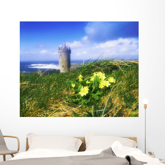 Primrose Flower In Foreground, Doonagore Castle Wall Mural