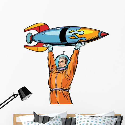 Astronaut and Vintage Rocket Wall Decal