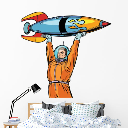 Astronaut and Vintage Rocket Wall Decal