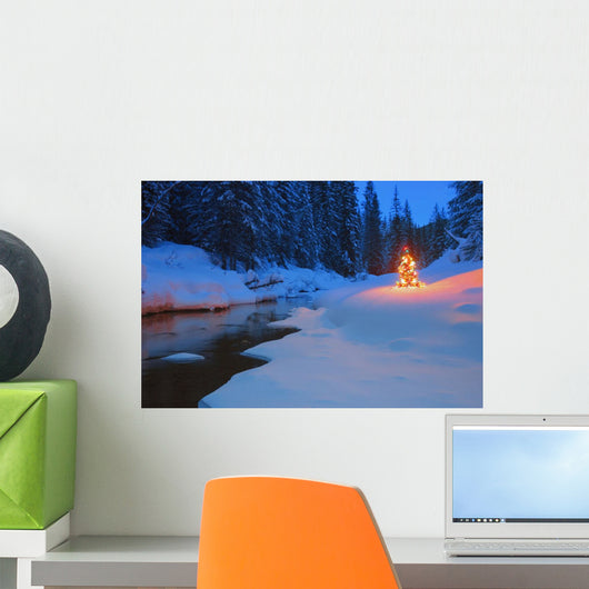 Glowing Christmas Tree By Mountain Stream Wall Mural