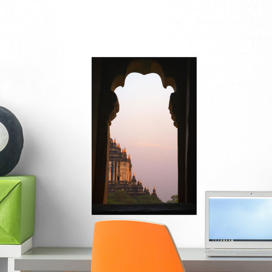 Temple At Sunset Seen From Temple Window In Myanmar, Burma Wall Mural