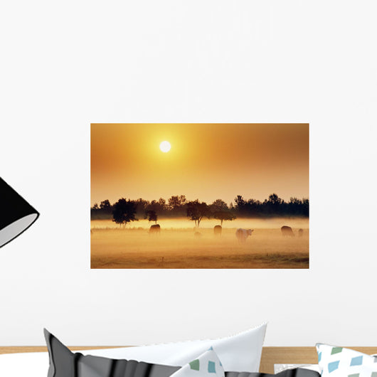 Cattle In Fog, Millet, Alberta, Canada Wall Mural