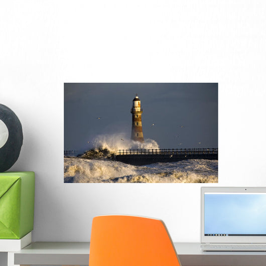 Lighthouse And Waves, Sunderland, Tyne And Wear, England Wall Mural