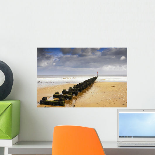 Jetty On Beach, Yorkshire, England Wall Mural