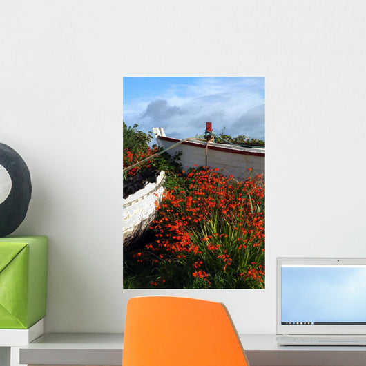 Flowers In Wooden Boat In Roundstone, Galway, Ireland Wall Mural