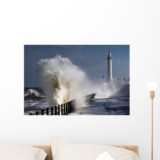 Waves Crashing By Lighthouse At Sunderland Wall Mural