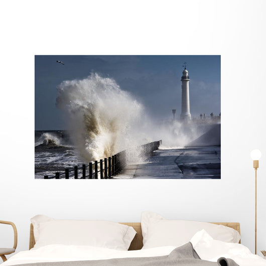 Waves Crashing By Lighthouse At Sunderland Wall Mural