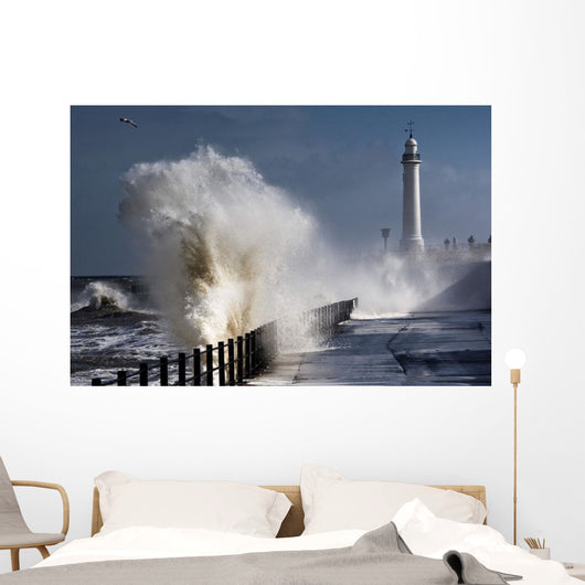Waves Crashing By Lighthouse At Sunderland Wall Mural