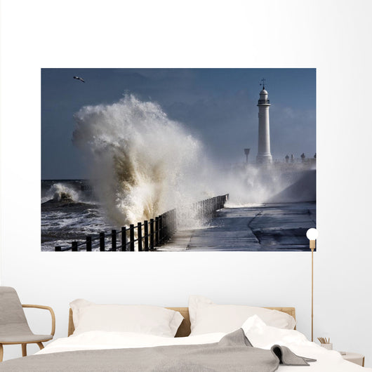 Waves Crashing By Lighthouse At Sunderland Wall Mural