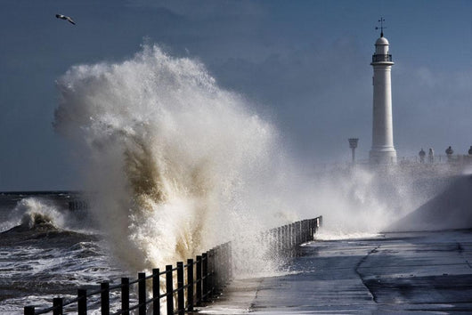 Waves Crashing By Lighthouse At Sunderland Wall Mural