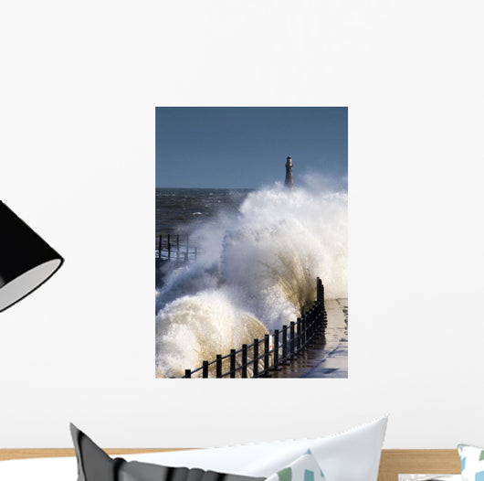 Waves Crashing By Lighthouse At Sunderland Wall Mural