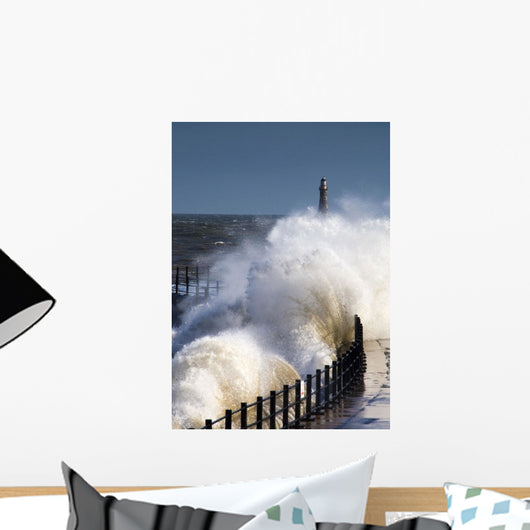 Waves Crashing By Lighthouse At Sunderland Wall Mural