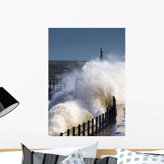 Waves Crashing By Lighthouse At Sunderland Wall Mural