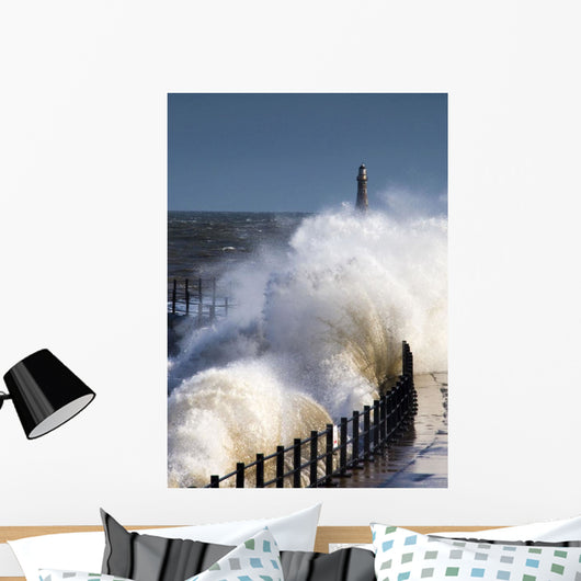Waves Crashing By Lighthouse At Sunderland Wall Mural