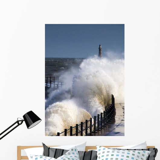 Waves Crashing By Lighthouse At Sunderland Wall Mural