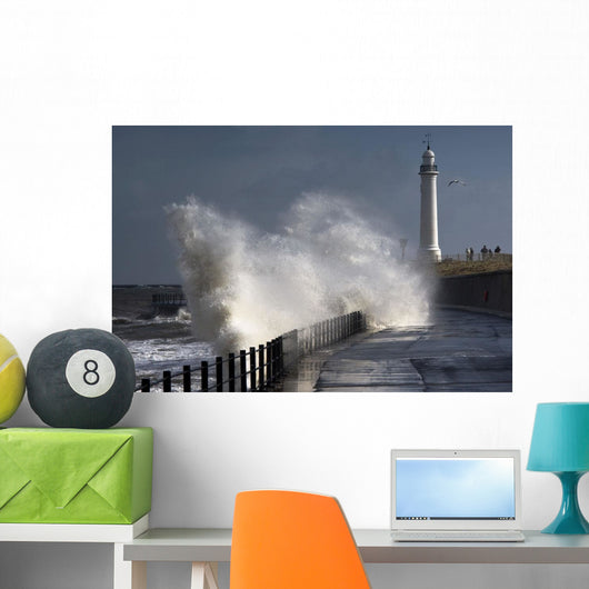 Waves Crashing By Lighthouse At Sunderland Wall Mural