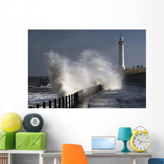 Waves Crashing By Lighthouse At Sunderland Wall Mural