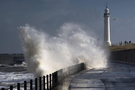 Waves Crashing By Lighthouse At Sunderland Wall Mural