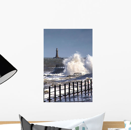 Waves Crashing By Lighthouse At Sunderland Wall Mural