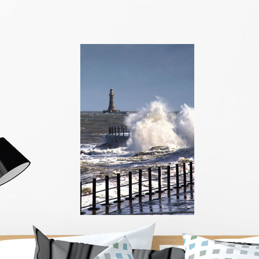 Waves Crashing By Lighthouse At Sunderland Wall Mural