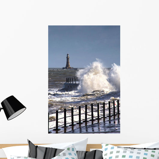 Waves Crashing By Lighthouse At Sunderland Wall Mural