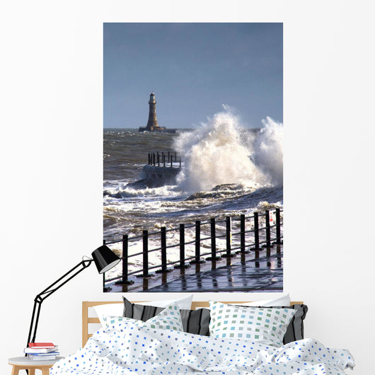 Waves Crashing By Lighthouse At Sunderland Wall Mural