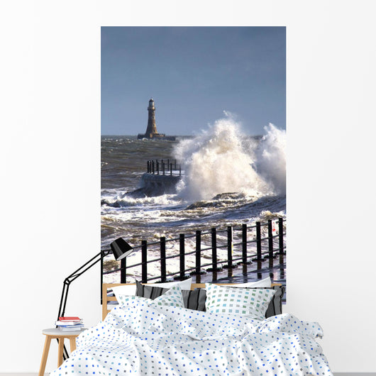 Waves Crashing By Lighthouse At Sunderland Wall Mural