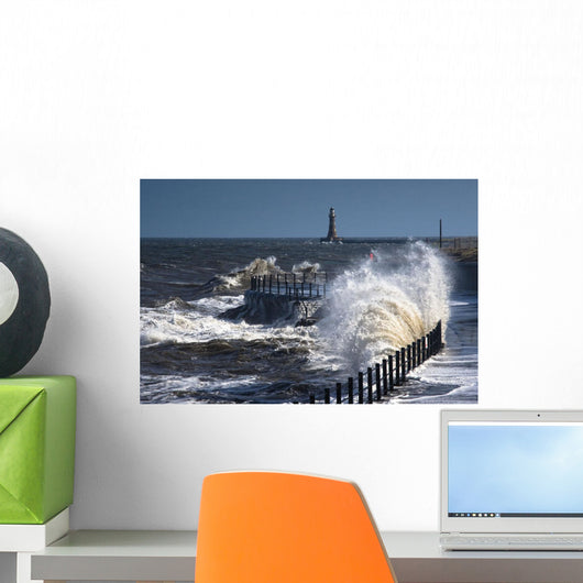 Waves Crashing By Lighthouse At Sunderland Wall Mural