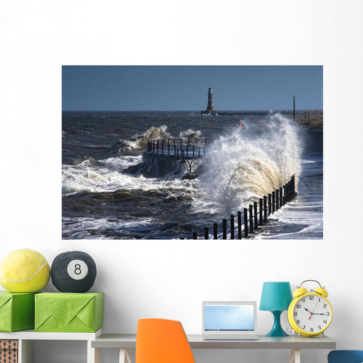Waves Crashing By Lighthouse At Sunderland Wall Mural
