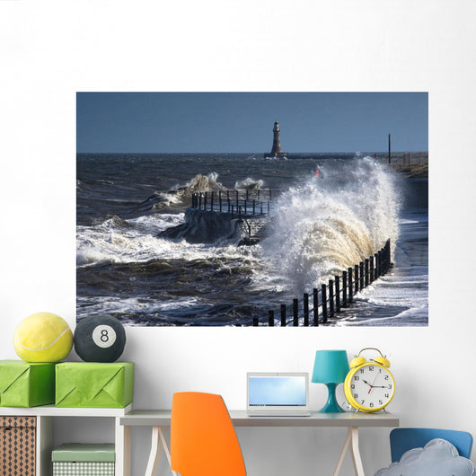 Waves Crashing By Lighthouse At Sunderland Wall Mural