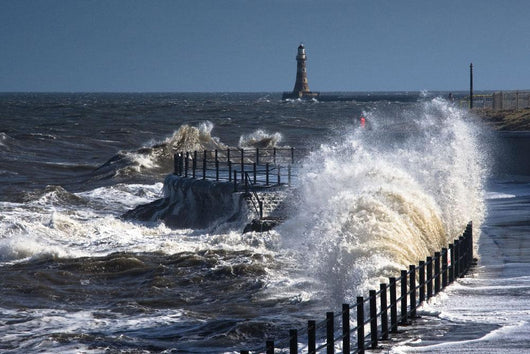 Waves Crashing By Lighthouse At Sunderland Wall Mural