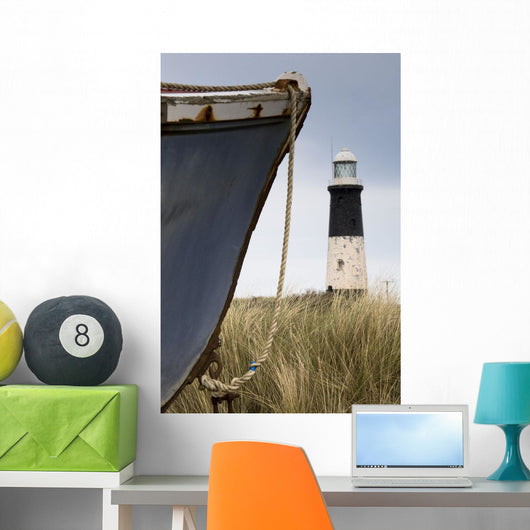 Abandoned Boat And Lighthouse, Humberside, England Wall Mural