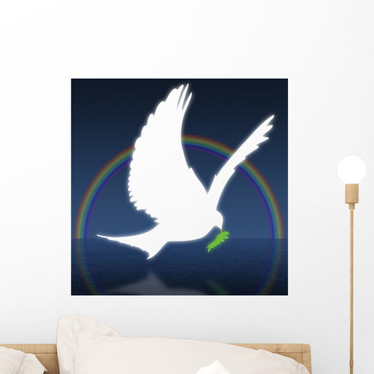 Dove Holding An Olive Branch With Rainbow In Background Wall Mural