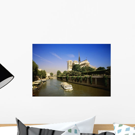Notre Dame Cathedral And The Seine River, Paris, France, Europe Wall Mural