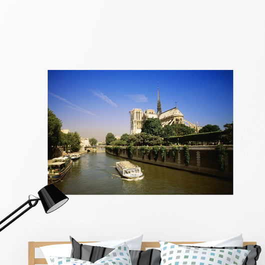 Notre Dame Cathedral And The Seine River, Paris, France, Europe Wall Mural