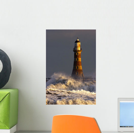 Waves Crashing Against A Lighthouse, Tyne And Wear, England Wall Mural