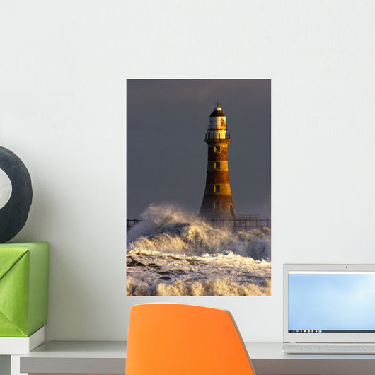 Waves Crashing Against A Lighthouse, Tyne And Wear, England Wall Mural